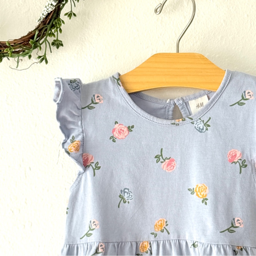 H&M Baby Girl Light Blue Rose Print Dress 12–18 Months